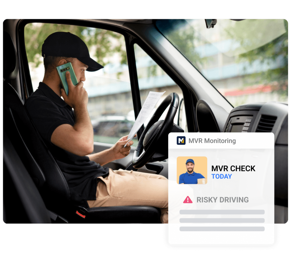 A man in a cap is sitting in the driver's seat, holding a phone to his ear and reading a paper. A digital alert overlay shows MVR CHECK TODAY and RISKY DRIVING, with a warning icon, highlighting the importance of driver monitoring for safety.