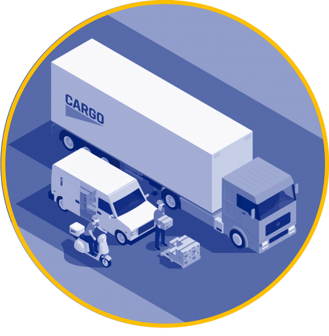 Illustration of a logistics scene featuring a large cargo truck, a delivery van, and a scooter. Workers are unloading boxes, emphasizing transportation and driver monitoring. The image uses shades of blue and gray to highlight efficient distribution.