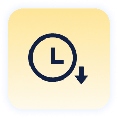 A yellow square with a blue outline features a blue clock icon and a downward-facing arrow, symbolizing downloading or time-related actions.