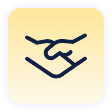 Icon of a handshake outlined in black on a yellow square background with a blue border, symbolizing a commitment to safety.