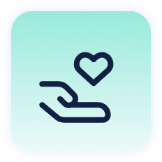 Icon of a hand with a heart above it, symbolizing Customer Care, displayed on a teal square background.