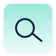 A magnifying glass icon inside a rounded square with a turquoise background.