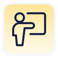 Icon of a person pointing to a board or screen on a yellow square background.