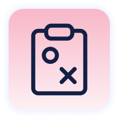 Icon of a clipboard with strategic game symbols, a circle and an X, on a pink background with a blue border.