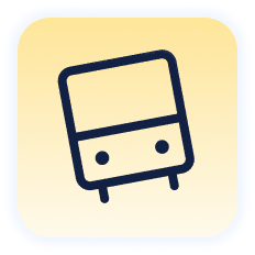 Icon of a train with a stylized, simple design in dark lines on a yellow square background.