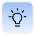 Icon of a light bulb with rays, symbolizing innovative solutions or ideas, on a blue rounded square background.