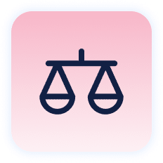 An Integrity First MVR Monitoring Company Icon of a scale with two balanced pans, set against a pink square background with a blue border, symbolizing the commitment of fairness and transparency.