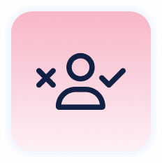 Icon of a person with an X on the left and a checkmark on the right, set against a pink square background, symbolizing the ability for mvr monitoring to identify unsafe drivers.