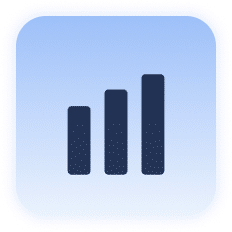 A blue rounded square icon with three vertically ascending bar graph columns in black, from left to right.