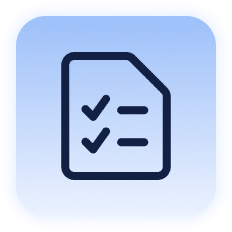 Icon of a document with two check marks on a blue square background.