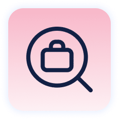 Icon of a briefcase inside a magnifying glass on a red square with rounded corners.