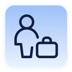 Icon of a person standing next to a suitcase on a blue square background.