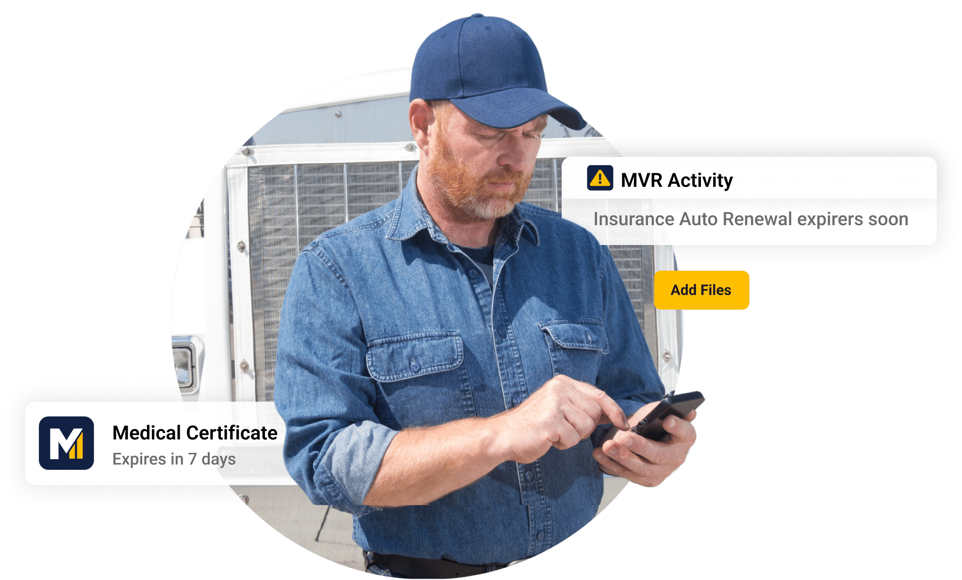 A man in a denim shirt and cap looks at his phone. Overlaid text alerts about MVR Activity and a Medical Certificate expiring in seven days are visible.