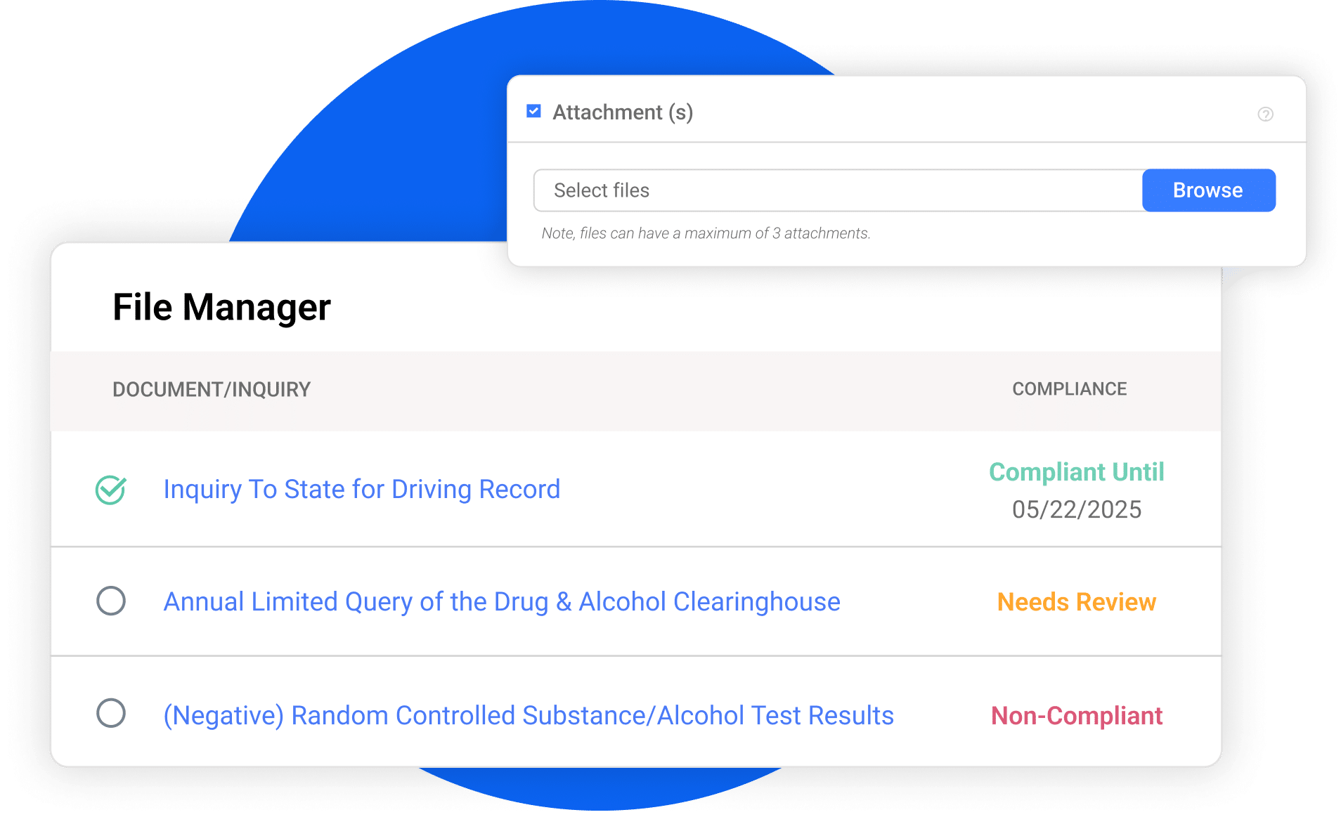 File Manager screenshot showing three documents with compliance statuses: compliant, needs review, and non-compliant. Includes a file attachment window with a browse option.