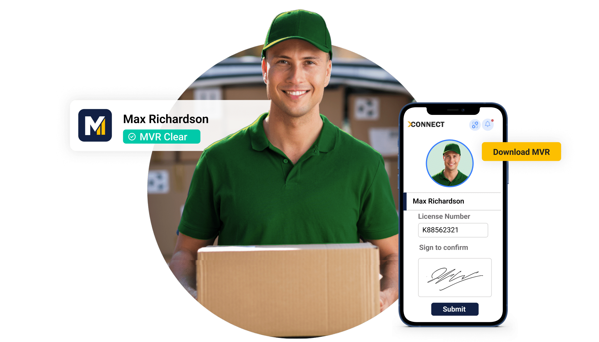 A delivery person in a green uniform holds a package. An app screenshot beside him displays a profile with a trucking license, the name Max Richardson, and a download button for Motor Vehicle Records.