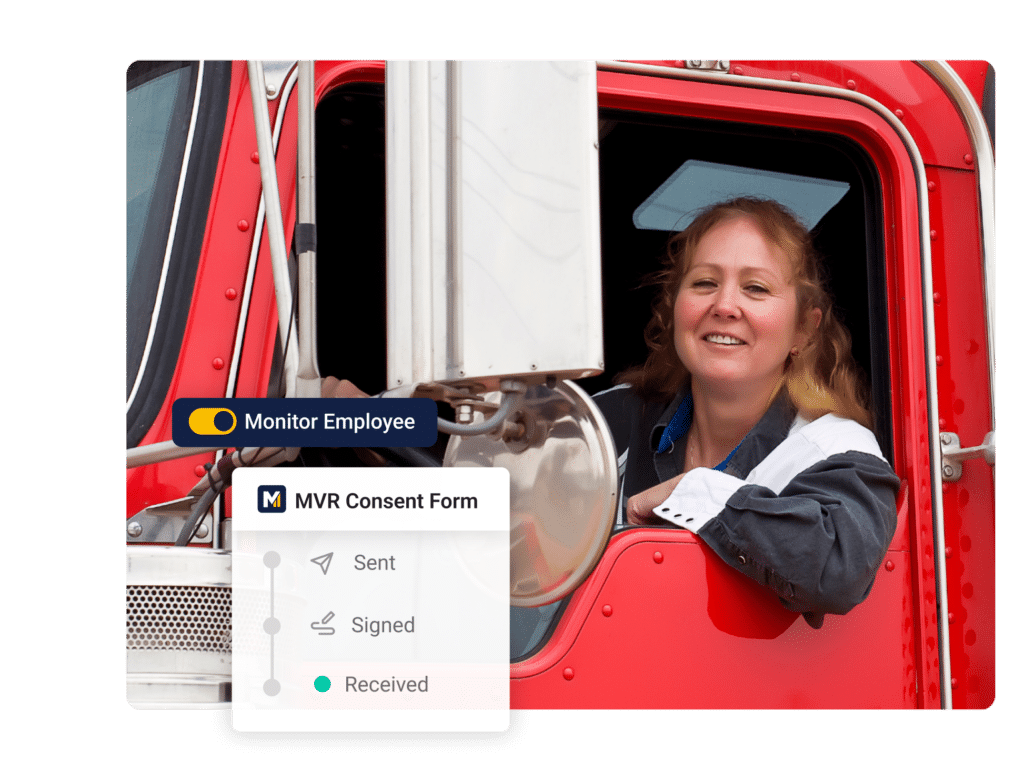 A woman smiles while sitting in the drivers seat of a red truck. A digital interface shows the tracking status of an MVR consent form: sent, signed, and received.