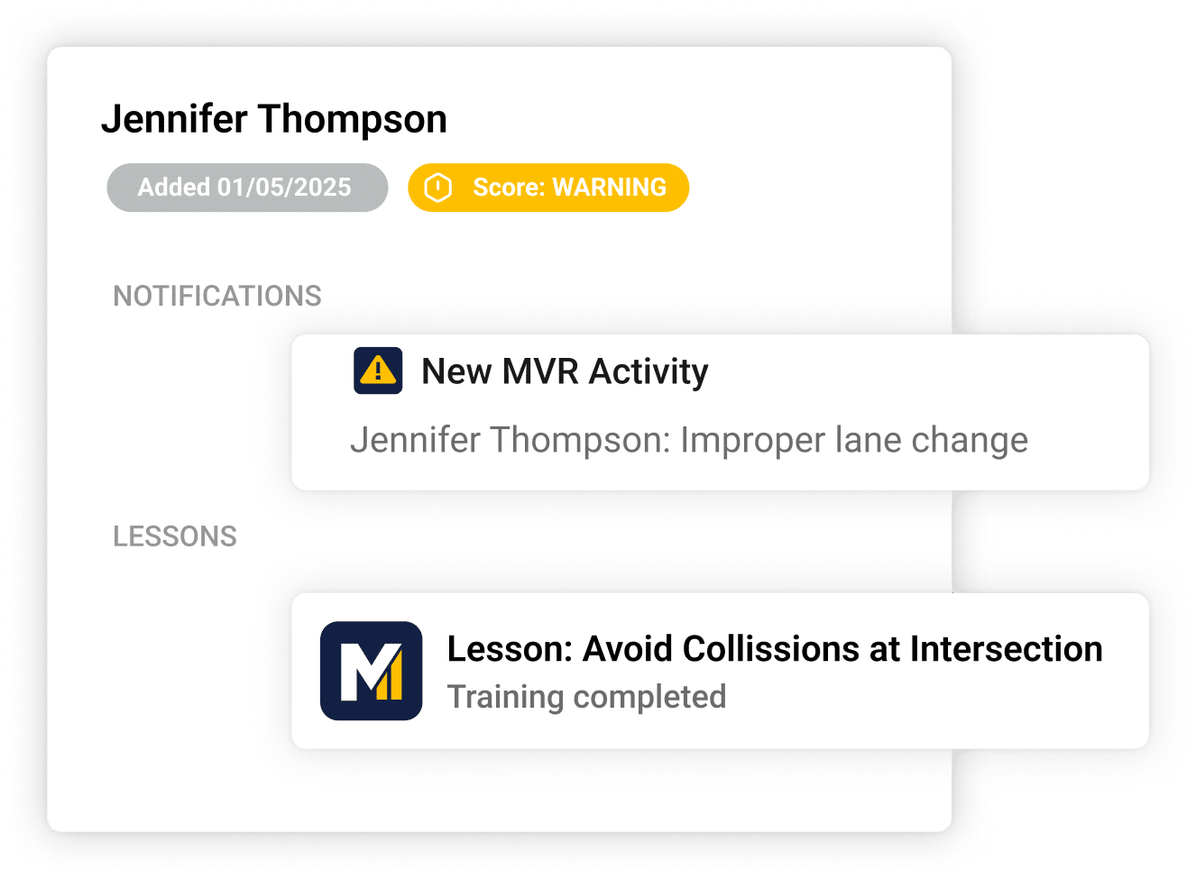 A dashboard displays a warning score, highlighting a notification about improper lane change and a completed lesson on avoiding collisions at intersections.