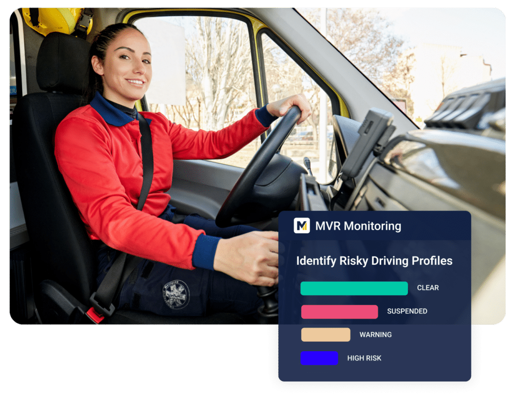 A person in a red shirt is sitting in the driver’s seat of a vehicle, smiling. A digital overlay shows MVR Monitoring with a chart indicating driving profiles labeled as Clear, Suspended, Warning, and High Risk.