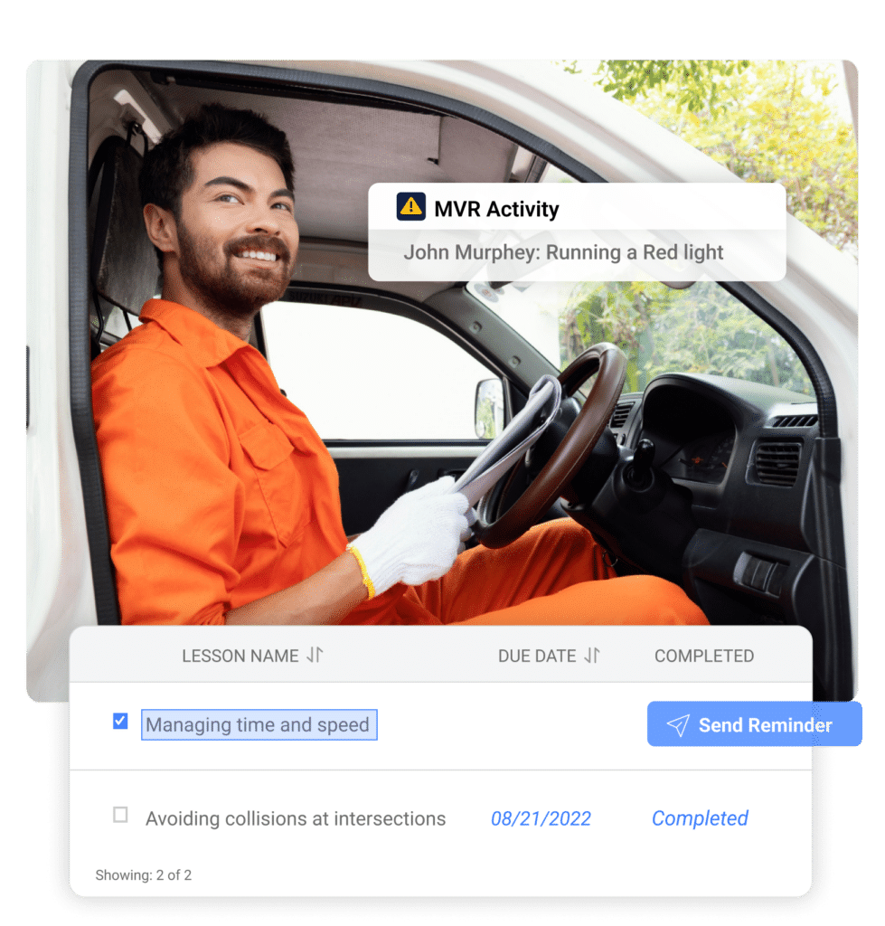 Man in orange jumpsuit smiling in drivers seat with notification of MVR activity, and a lesson list on driving management displayed below.